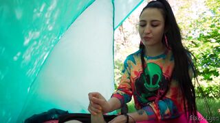 Brunette Hippie Jerks Me Off for Free in a Tent - 2 image