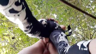 Femdom pegging. Strap-on in slave's ass outdoors in the bushes. - 12 image