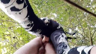 Femdom pegging. Strap-on in slave's ass outdoors in the bushes. - 13 image