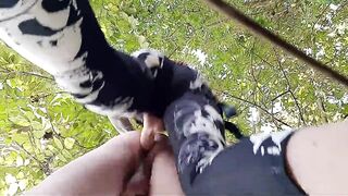 Femdom pegging. Strap-on in slave's ass outdoors in the bushes. - 15 image