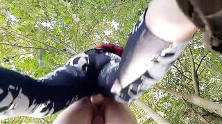 Femdom pegging. Strap-on in slave's ass outdoors in the bushes. - 3 image