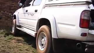 Black German babe rides big dick in nature