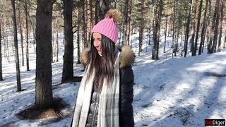 Real Sex in Winter Snowy Forest with Cum in Pussy - Creampie - 2 image