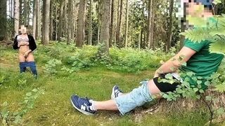 Dick Flash in the forest woman watches and masturbates. He joins sucks and I cum on her tits. - 1 image
