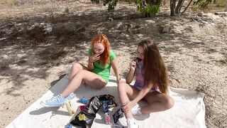 Trashy Picnic on Field. Two Girls Pantyless Having Fun - 14 image