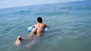 I spied on a nudist beach how a naked girl with big tits floats and sunbathes, naked in public - 2 image
