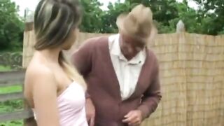 Dirty old man get his cock sucked by a young brunette in the garden - 3 image