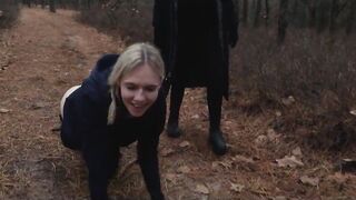 Two sick perverts take bubble butt MILF for a crawl into the woods