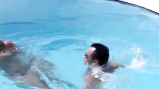 Hot babes get fucked outdoors near the swimming pool