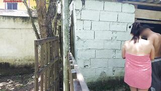 Shower doesn't work, married woman asks farm caretaker for help using only a towel and pays with sex - 2 image