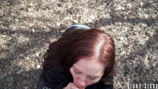 Stuffed blue-eyed slut's mouth with my thick cock in the bushes