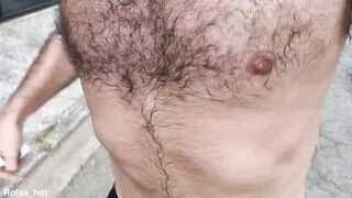 Naughty hairy guy training outdoors
