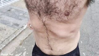 Naughty hairy guy training outdoors
