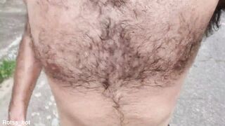 Naughty hairy guy training outdoors