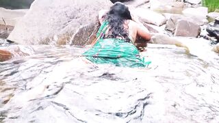 Villege aunty outdoor water fall bathing. Telugu dirty talks. - 6 image