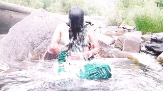 Villege aunty outdoor water fall bathing. Telugu dirty talks. - 9 image