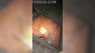 Outdoor Flashing and Teasing WET Pussy BIG Dick and a campfire - 11 image