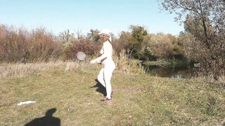 Autumn Sport. Cute MILF mature Sexy Frina strips naked and learns play badbinton with lover. Naked in public Publicly Outdoors Outside. Big ass Butt Perfect boobs Big natural tits Pussy Doggy Style - 10 image