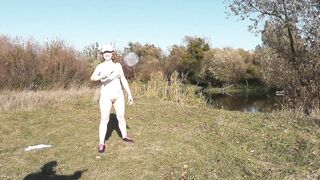 Autumn Sport. Cute MILF mature Sexy Frina strips naked and learns play badbinton with lover. Naked in public Publicly Outdoors Outside. Big ass Butt Perfect boobs Big natural tits Pussy Doggy Style - 6 image