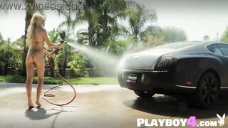 Amazing petite MILF babes passion posed outdoor during passion car wash