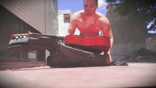 Big Men - Muscular Men - Outdoor - Sexy N1 - Rubbing a Chinese-made Yamaha C80 guitar on his 18cm penis