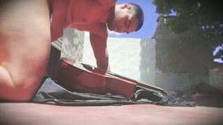 Big Men - Muscular Men - Outdoor - Sexy N1 - Rubbing a Chinese-made Yamaha C80 guitar on his 18cm penis