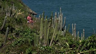 Slim blonde in outdoor threesome