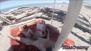 Exhibitionist Teacher Outdoor Amateur Milf Handjob Big Cock on Nudity Beach public in front of voyeur with cum P1 - MissCreamy