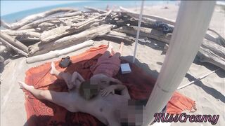 Exhibitionist Teacher Outdoor Amateur Milf Handjob Big Cock on Nudity Beach public in front of voyeur with cum P1 - MissCreamy