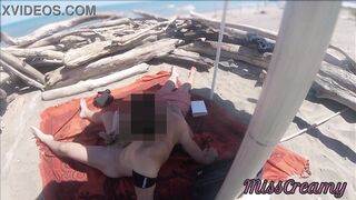 Exhibitionist Teacher Outdoor Amateur Milf Handjob Big Cock on Nudity Beach public in front of voyeur with cum P1 - MissCreamy