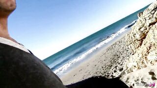 Slim black hair Goth Girl with small Tits have risky Outdoor Sex at Public Beach at let Boy cum in her Face
