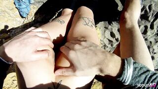 Slim black hair Goth Girl with small Tits have risky Outdoor Sex at Public Beach at let Boy cum in her Face