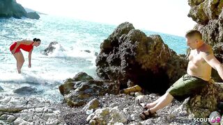 Tall and slim Step-Daughter seduce old Guy to risky Outdoor Fuck at Beach Day and beg for cum in mouth - 1 image