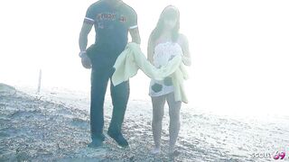 Spanish Couple at risky outdoor Sex at Public Beach with facial cumshot