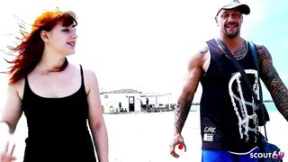 Pale White Skin Redhead Bitch Pick Up at Beach for Risky Outdoor Fuck by Muscled Guy with Fat Dick