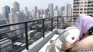 Hijab Nurse escape from Duty Rooftop wetty Blowjob outdoor public blowjob - 11 image