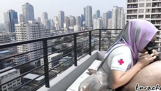 Hijab Nurse escape from Duty Rooftop wetty Blowjob outdoor public blowjob - 13 image
