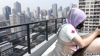 Hijab Nurse escape from Duty Rooftop wetty Blowjob outdoor public blowjob - 14 image