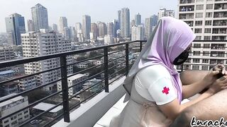 Hijab Nurse escape from Duty Rooftop wetty Blowjob outdoor public blowjob