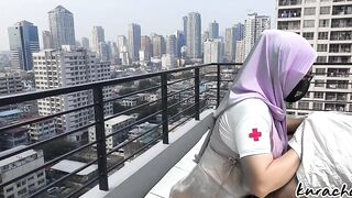 Hijab Nurse escape from Duty Rooftop wetty Blowjob outdoor public blowjob - 5 image