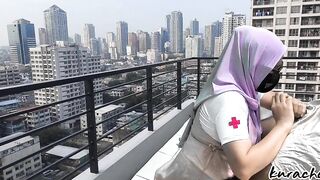 Hijab Nurse escape from Duty Rooftop wetty Blowjob outdoor public blowjob - 6 image