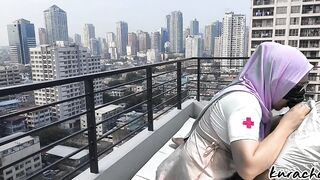 Hijab Nurse escape from Duty Rooftop wetty Blowjob outdoor public blowjob - 7 image