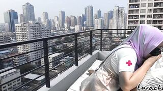 Hijab Nurse escape from Duty Rooftop wetty Blowjob outdoor public blowjob - 8 image