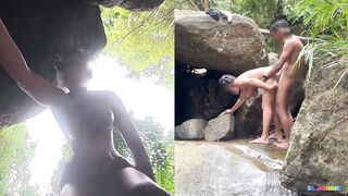 Risky Outdoor Sex desi Big Natural Tits MILF and Boyfriend Quick Sex in the Waterfal - 12 image
