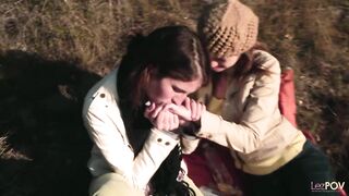 Sharing a gentle kiss outdoors the lesbian couple gets heated and they take out their strapon - 3 image