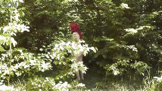 Summer Halloween. Outdoor outside in nature in forest naked MILF scared random passerby man. - 11 image