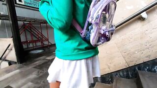I walk around the city in the subway, parks and supermarket, with a transparent skirt and legging, with my transparent backpack full of sex toys, full video taking my toys out in the park on my premium channel. - 3 image