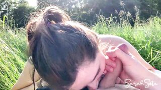 Outdoor Blowjob in the meadow while people walk by in public - cum in her mouth - Sarah Sota - 11 image