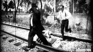 PUBLIC HANDJOBS Silent movie star in peril Christie Stevens jerks cock on railroad tracks - 6 image