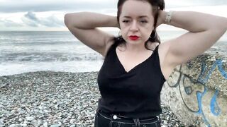 Hot Mistress Lara is touching her big tits and masturbates at public beach - 8 image